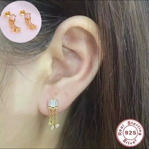 Baguette Triage Clear Crystal CZ Dangling Marquise Square Gold Stud Earrings 2pc